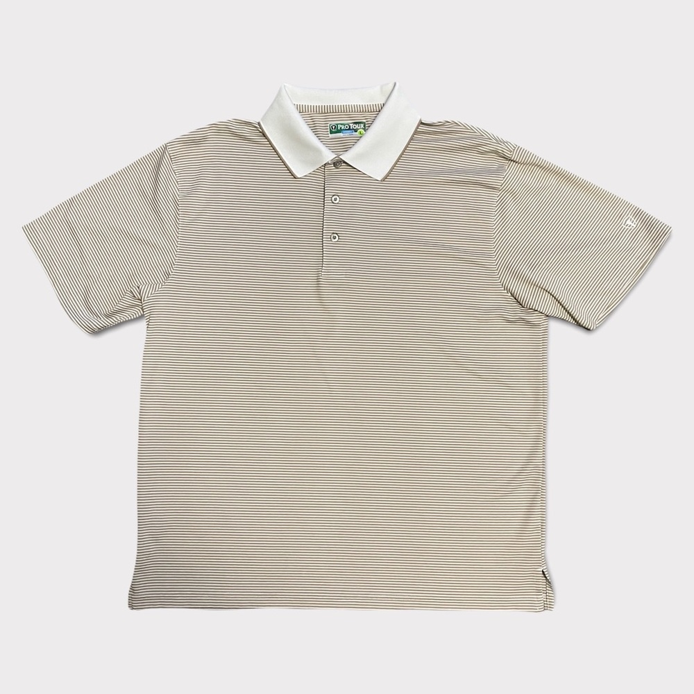 PRO TOUR  MENS SHIRT SLEEVE POLO GOLF SHIRT SIZE LARGE TAN W/ STRIPES